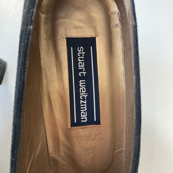 Stuart Weitzman Black and Gray Suede Heels with Gold Embroidered Chain - Picture 7 of 9